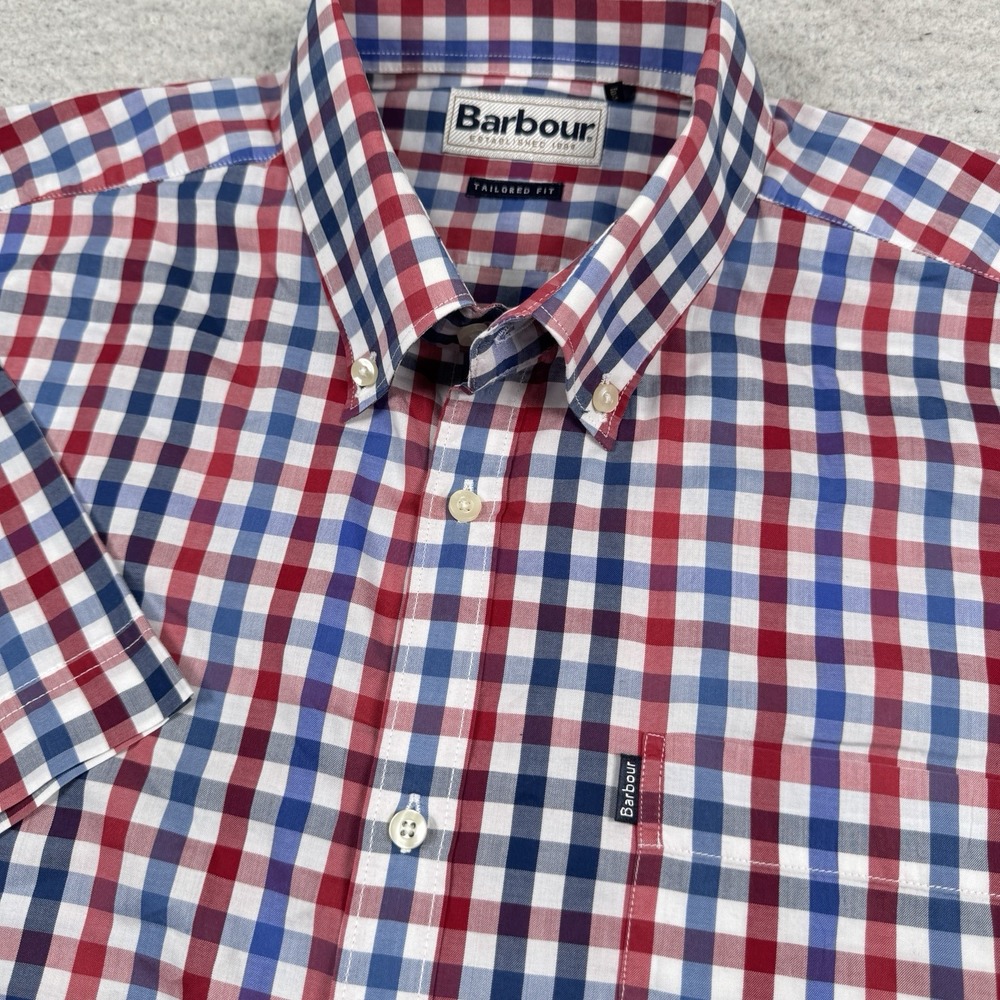 Barbour Shirt Men's Large Blue Red Plaid Check Short Sleeve Button Front Cotton